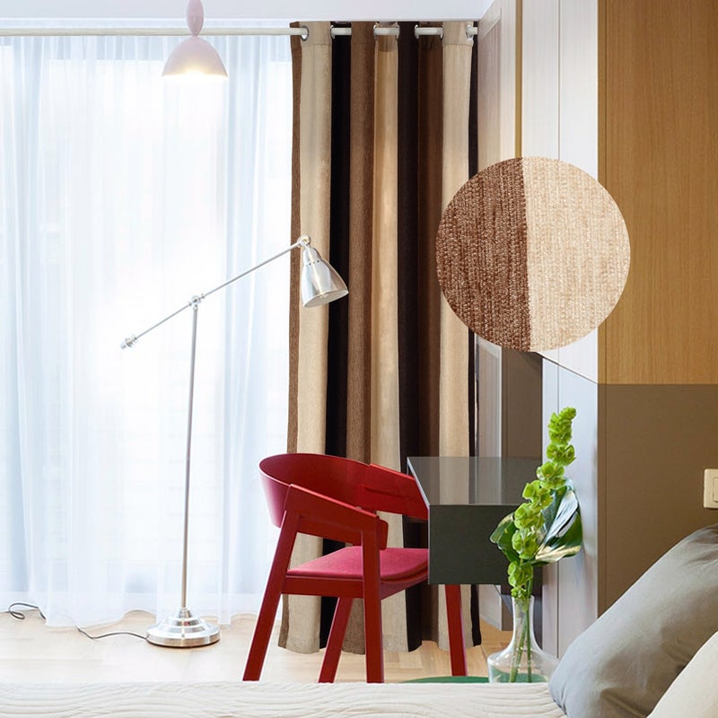 VIAGL Bedroom Curtains Absolute Heat Insulation Chenille Vertical Striped Color Window Curtains Living Room Buttonhole Curtains Single Panel (W52xL95  Brown) - Image 2